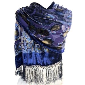 Heyin Accessories Burnout Velvet Silk Scarf - Blue Paisley Fringe Wrap